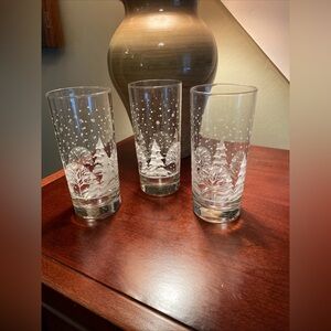 Vintage Libbey Highball Glasses Frosted Winter Scene Pine Trees Set Of 3 Barware